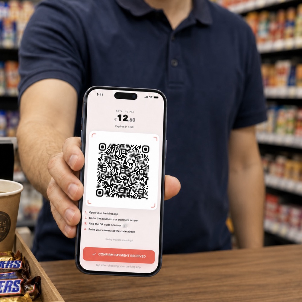 A client scanning a QR code with their phone to pay at a salon front desk