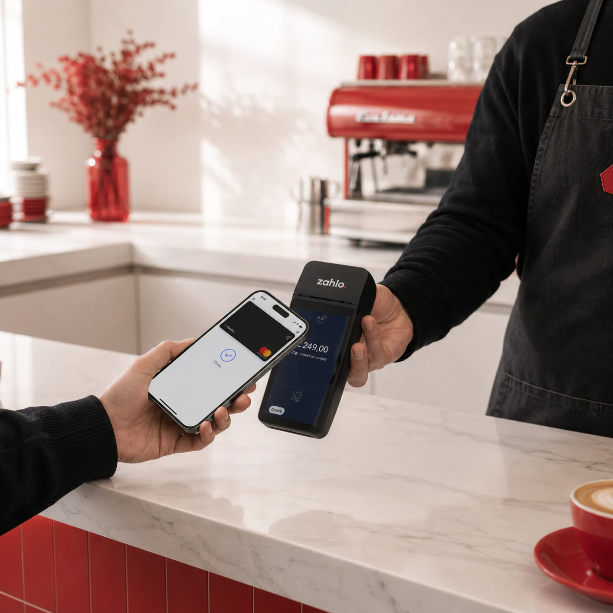 Zahlo in-person payment moment at a coffee counter