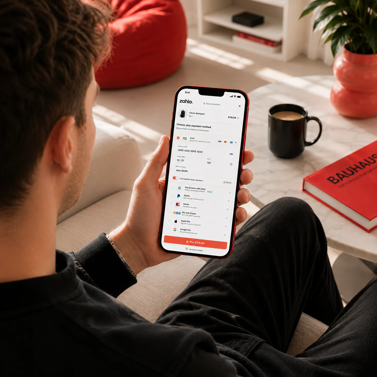 Customer using Zahlo Online Checkout on an iPhone